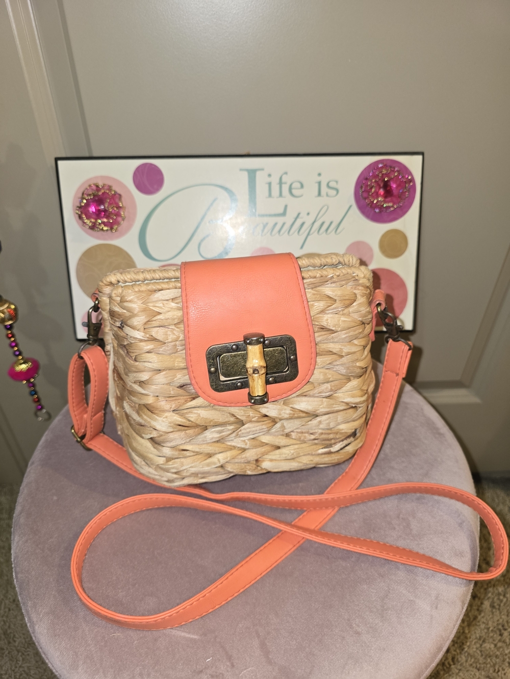 Woven Straw Crossbody with Coral Trim and Turn-Lock